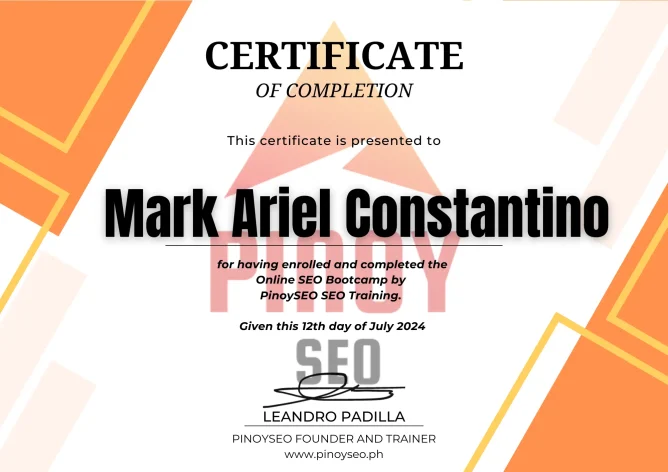 Mark Ariel Constantino Pinoy SEO Certificate